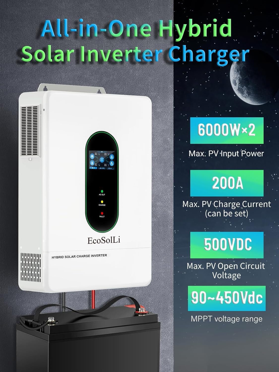 12000W Hybrid Inverter, 48V Split Phase Solar Inverter with Wifi, 120V/240V AC Input/Output (Settable), Built-In 2 MPPT Solar Controllers, Max. 6 Parallel for Home, Rvs, Lead Acid/Li,Ul1741