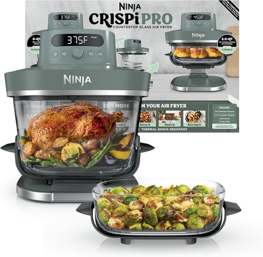 Ninja Crispi Pro Glass Air Fryer, 6-In-1, Ash Grey, AS101DG | Max Crisp, Air Fry, Bake, Roast, Recrisp, Dehydrate, 1800W, 450F Max, 6Qt, 2.5Qt Containers
