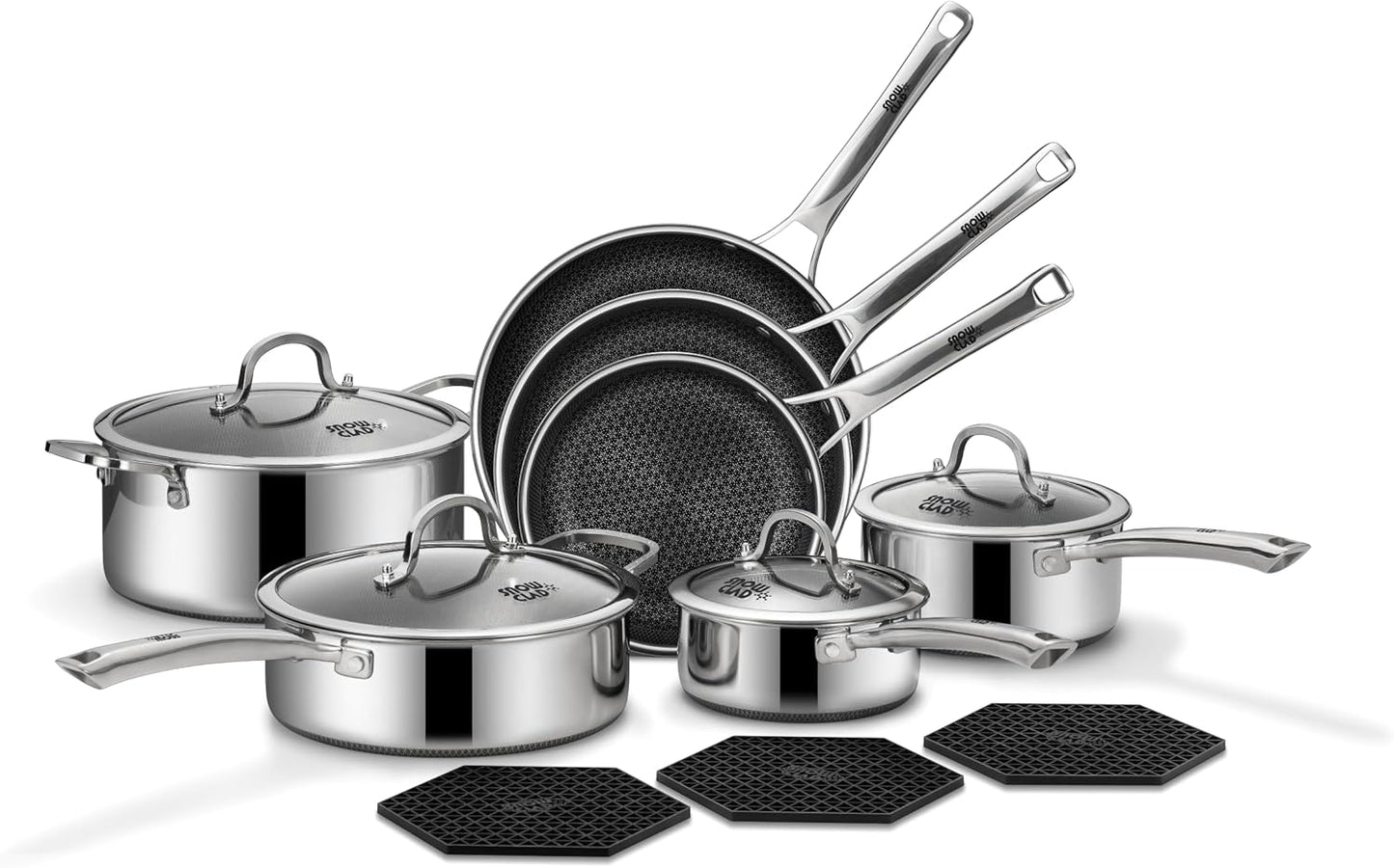 Pots and Pans Set Non Stick | Stainless Steel Kitchen Cookware | 14 Pcs | PFOA Free | Hybrid | Induction Compatible | Frying Skillet, Saucepans, Saute Pan & Stock Pot