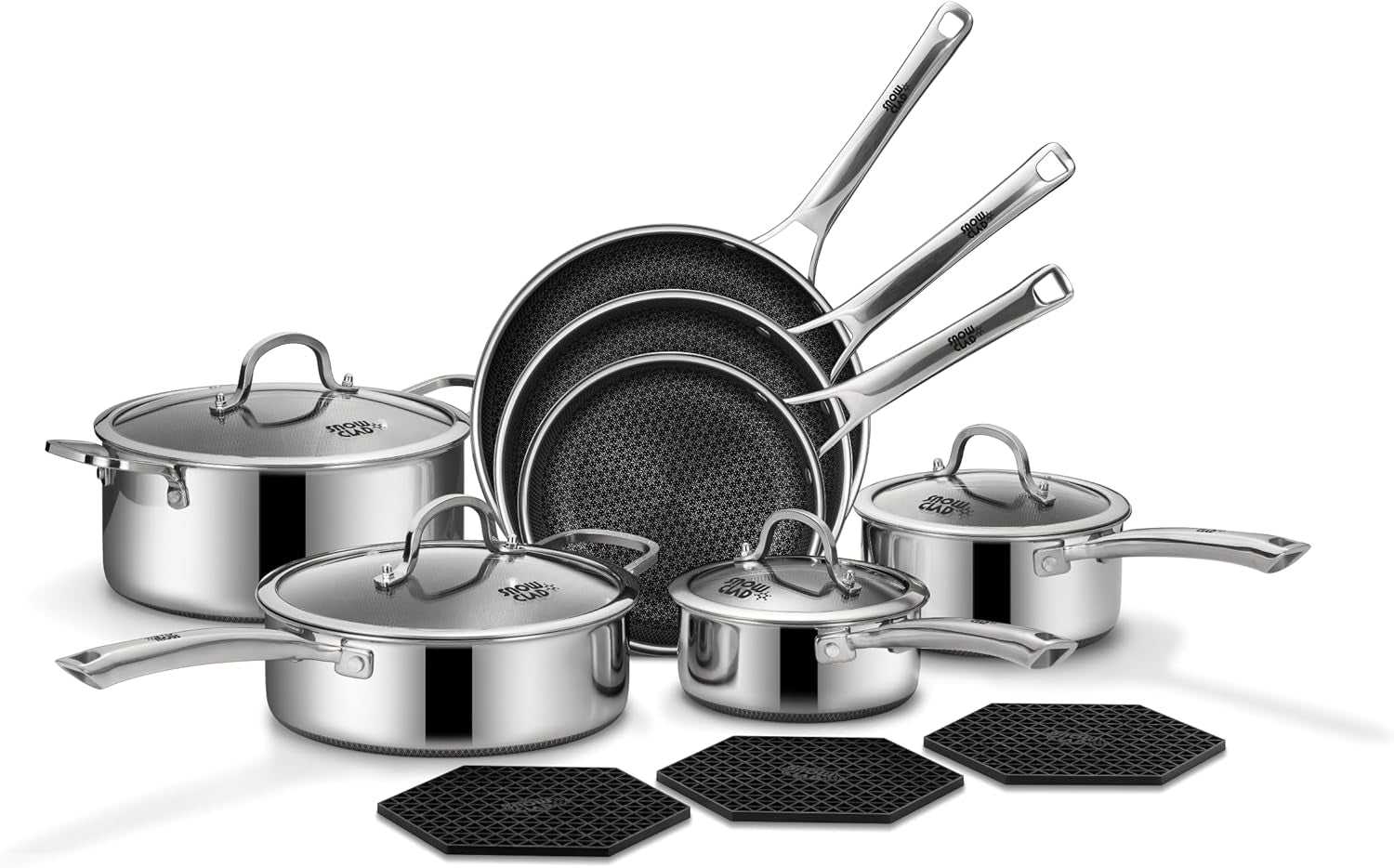 Pots and Pans Set Non Stick | Stainless Steel Kitchen Cookware | 14 Pcs | PFOA Free | Hybrid | Induction Compatible | Frying Skillet, Saucepans, Saute Pan & Stock Pot