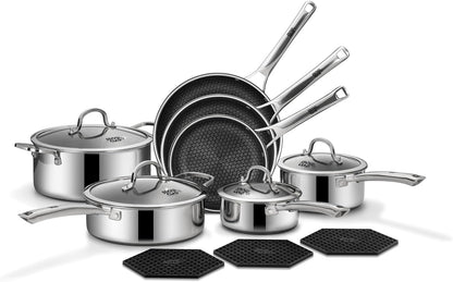 Pots and Pans Set Non Stick | Stainless Steel Kitchen Cookware | 14 Pcs | PFOA Free | Hybrid | Induction Compatible | Frying Skillet, Saucepans, Saute Pan & Stock Pot
