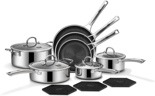 Pots and Pans Set Non Stick | Stainless Steel Kitchen Cookware | 14 Pcs | PFOA Free | Hybrid | Induction Compatible | Frying Skillet, Saucepans, Saute Pan & Stock Pot