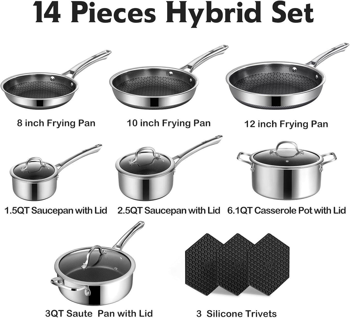 Pots and Pans Set Non Stick | Stainless Steel Kitchen Cookware | 14 Pcs | PFOA Free | Hybrid | Induction Compatible | Frying Skillet, Saucepans, Saute Pan & Stock Pot