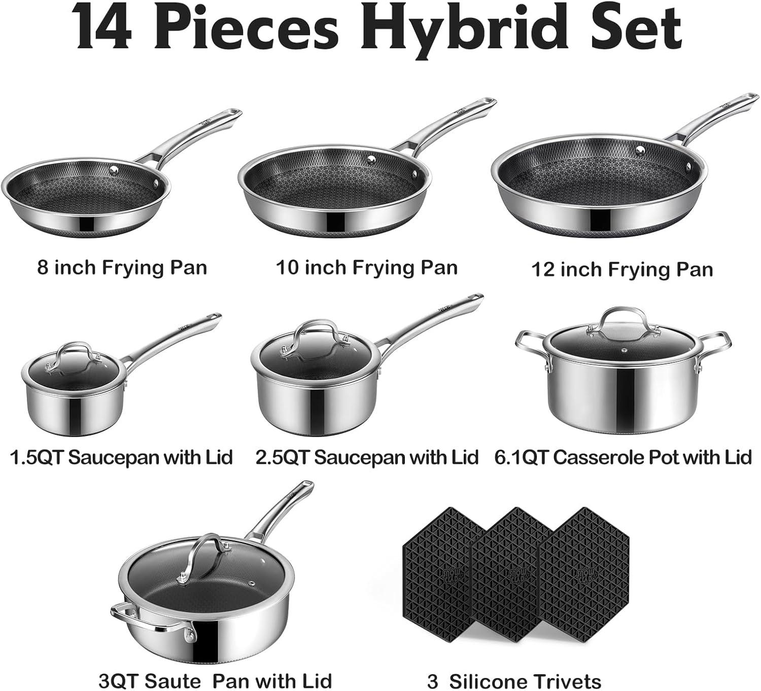 Pots and Pans Set Non Stick | Stainless Steel Kitchen Cookware | 14 Pcs | PFOA Free | Hybrid | Induction Compatible | Frying Skillet, Saucepans, Saute Pan & Stock Pot