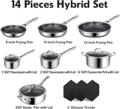 Pots and Pans Set Non Stick | Stainless Steel Kitchen Cookware | 14 Pcs | PFOA Free | Hybrid | Induction Compatible | Frying Skillet, Saucepans, Saute Pan & Stock Pot