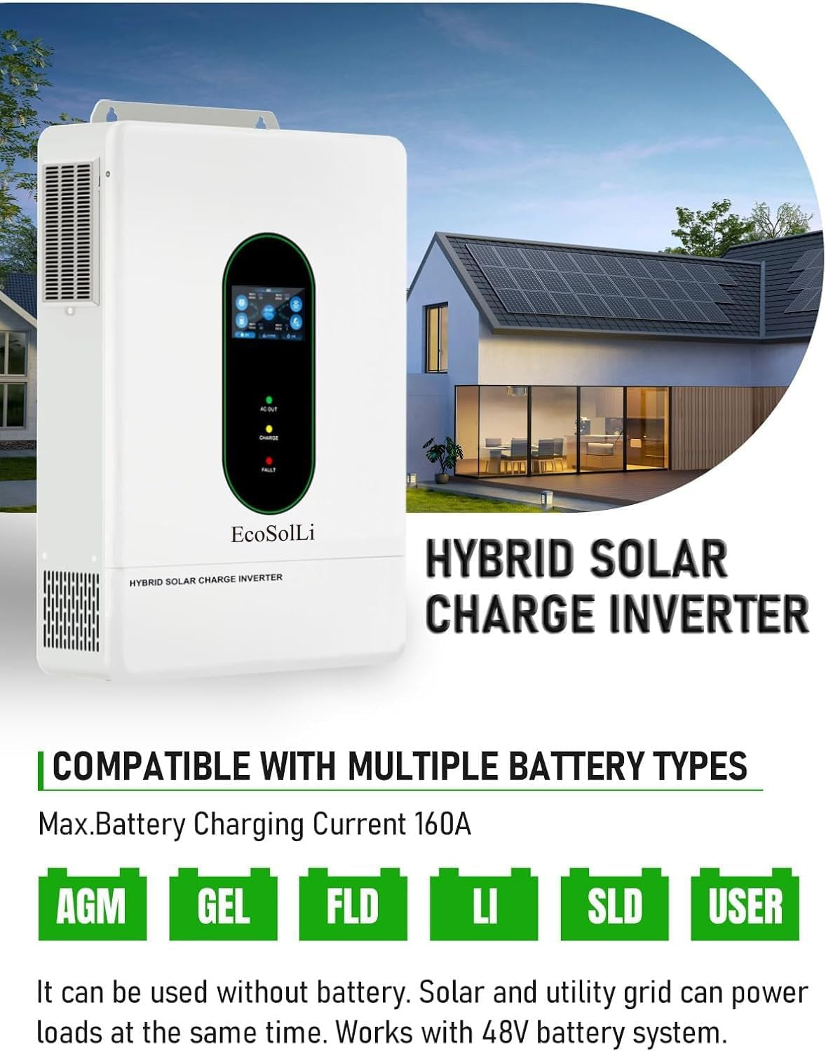12000W Hybrid Inverter, 48V Split Phase Solar Inverter with Wifi, 120V/240V AC Input/Output (Settable), Built-In 2 MPPT Solar Controllers, Max. 6 Parallel for Home, Rvs, Lead Acid/Li,Ul1741