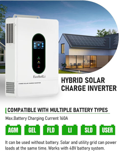 12000W Hybrid Inverter, 48V Split Phase Solar Inverter with Wifi, 120V/240V AC Input/Output (Settable), Built-In 2 MPPT Solar Controllers, Max. 6 Parallel for Home, Rvs, Lead Acid/Li,Ul1741