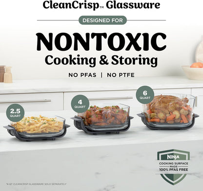 Ninja Crispi Pro Glass Air Fryer, 6-In-1, Ash Grey, AS101DG | Max Crisp, Air Fry, Bake, Roast, Recrisp, Dehydrate, 1800W, 450F Max, 6Qt, 2.5Qt Containers