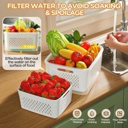6 PCS Fruit Storage Containers for Fridge with Removable Colanders, 6 Plastic Food Storage Containers with 6 Lids, Leakproof Produce Containers Keep Fruits, Vegetables, Berry, Meat Fresh Longer