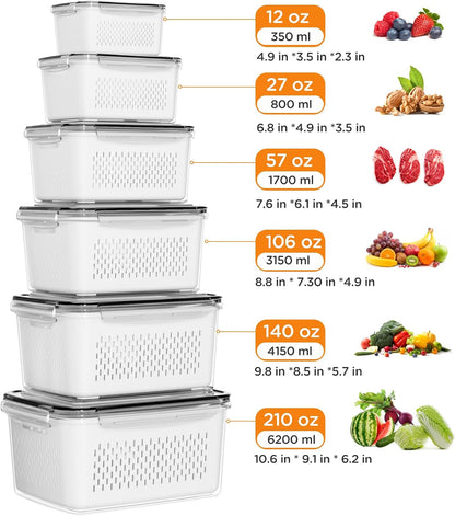 6 PCS Fruit Storage Containers for Fridge with Removable Colanders, 6 Plastic Food Storage Containers with 6 Lids, Leakproof Produce Containers Keep Fruits, Vegetables, Berry, Meat Fresh Longer