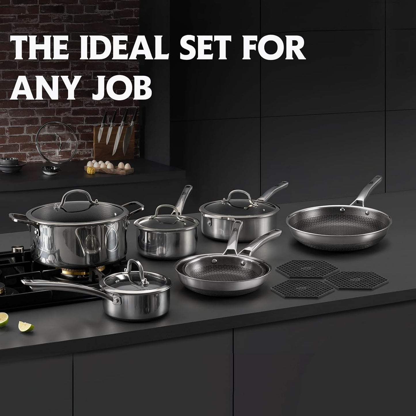 Pots and Pans Set Non Stick | Stainless Steel Kitchen Cookware | 14 Pcs | PFOA Free | Hybrid | Induction Compatible | Frying Skillet, Saucepans, Saute Pan & Stock Pot