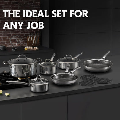 Pots and Pans Set Non Stick | Stainless Steel Kitchen Cookware | 14 Pcs | PFOA Free | Hybrid | Induction Compatible | Frying Skillet, Saucepans, Saute Pan & Stock Pot