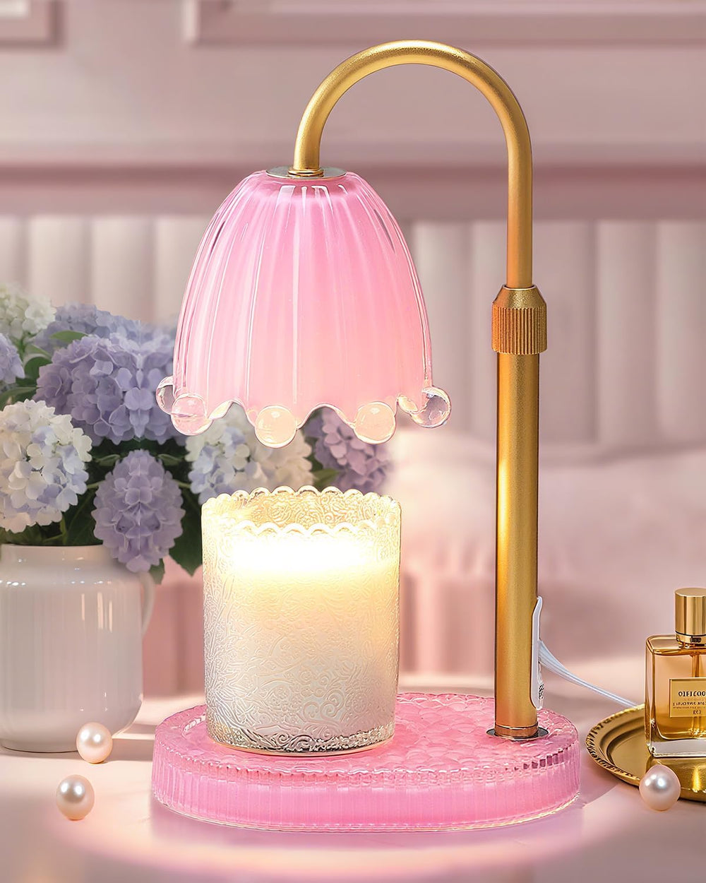 Flower Candle Warmer Lamp with Timer, Vintage Adjustable Glass Warmer Light for Jar Candles, Electric Wax Warming Melter, Gifts for Women Mom, Bedroom Decor (Pink-Flower)